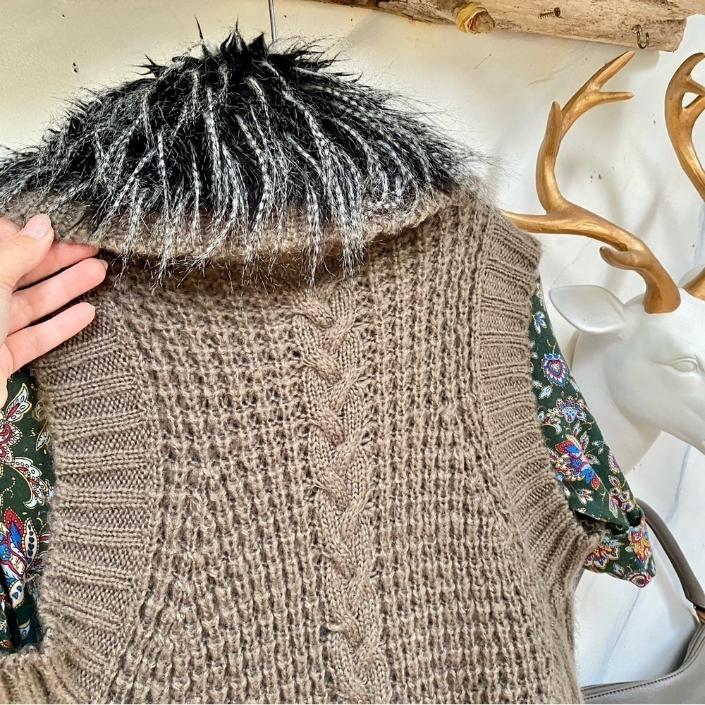 Alpaca vegan mink fur collar boho vest w cottage cabin longer cable knit vibe - Picture 8 of 11